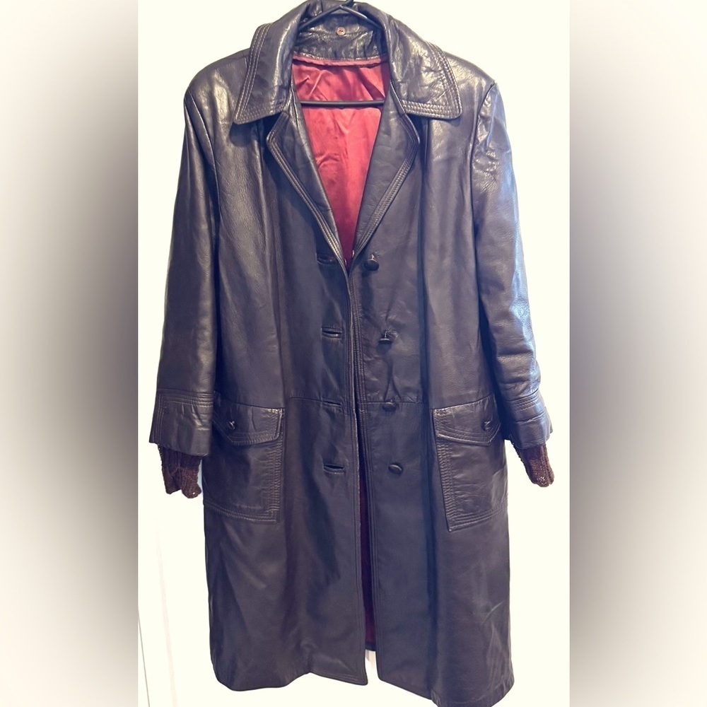 Vintage 70s leather trench coat jacket midi brown retro hipster boho unisex L